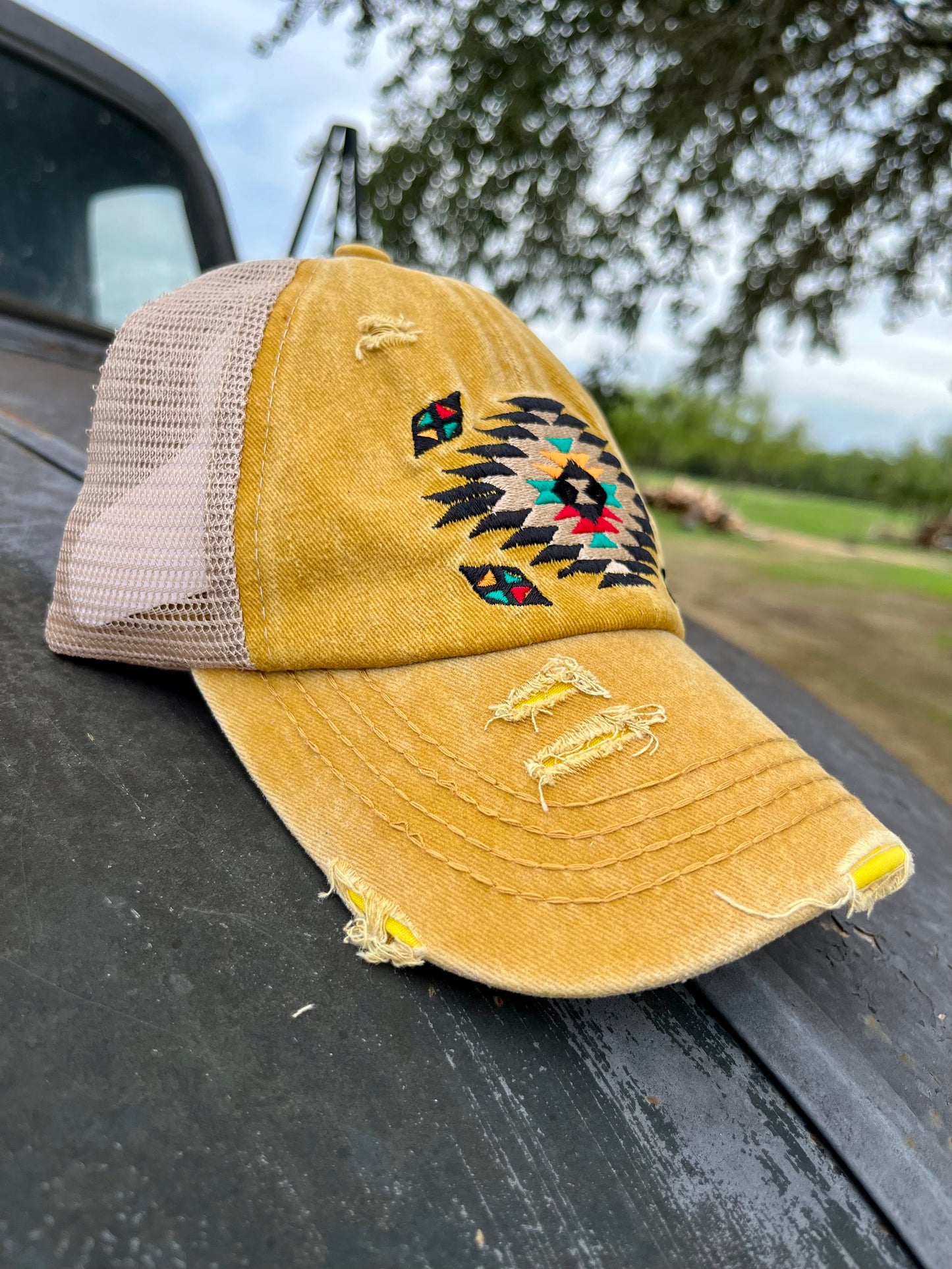 Aztec Pattern Cap with Pony Tail Back