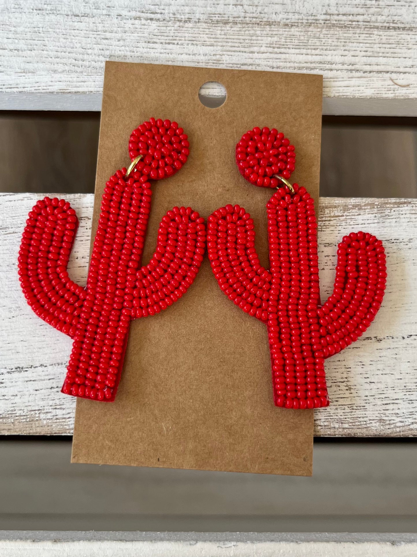 Red Beaded Cactus Earring