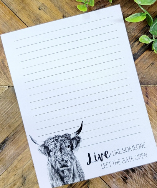 Live Like Someone Left The Gate Open Highland Cow Notepad